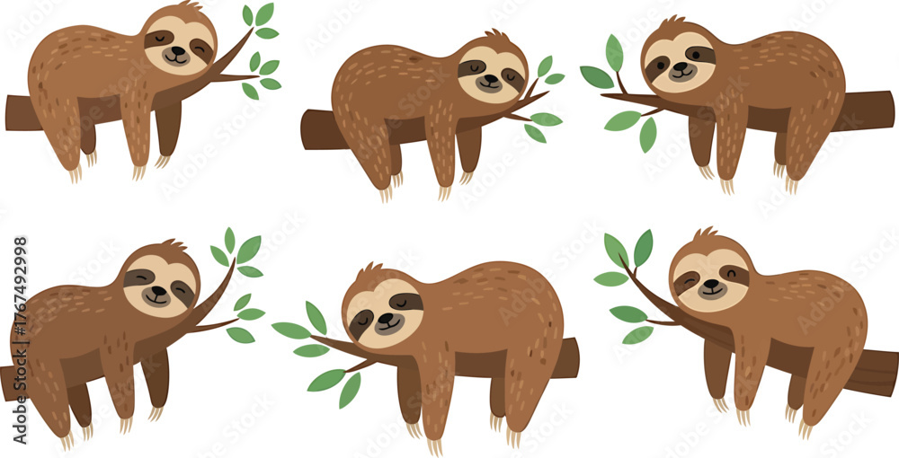 Fototapeta premium Six Adorable Brown Sloths Relaxing on Branches Vector Illustration - Cute Cartoon Animals in Natural Habitat - Lazy Sloths Hanging Out