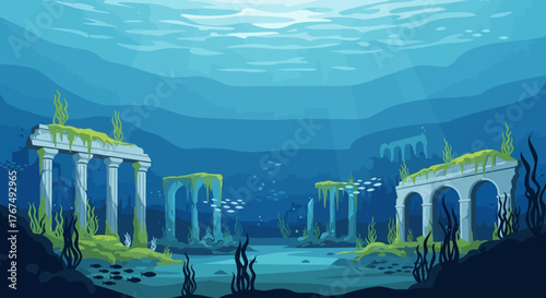 Ancient underwater city ruins with columns and arches in the ocean.