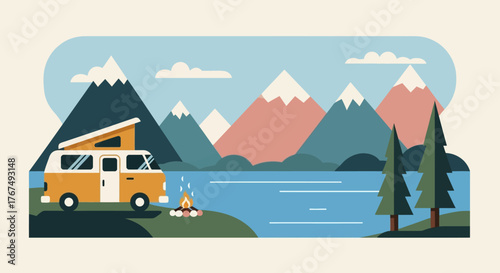 Camping van parked near lake with mountains in background adventure.