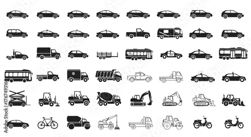 Fleet Vehicle Side Silhouette Icons - Cars, Trucks, Buses, Construction Equipment Vector Set