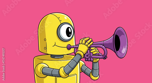 Cute Yellow Robot Playing a Purple Trumpet.