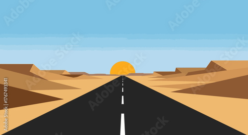 Desert Road Leading to the Horizon with Rising Sun.