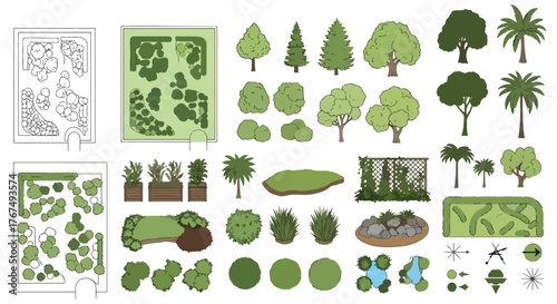 Landscape Architecture Vegetation Symbols - Top‑View Trees, Shrubs, Palms & Planters Vector Pack