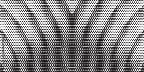 Hexagon halftone gradient texture. Abstract black and white spotted grunge background. Geometric retro tech wallpaper. Fading wavy hexagonal pattern backdrop. Vector vanishing honeycomb grunge
