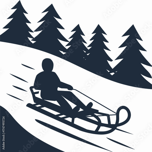 Silhouette of person sledding down snowy hill – Perfect for winter sports promotions, holiday cards, or family fun themes.
