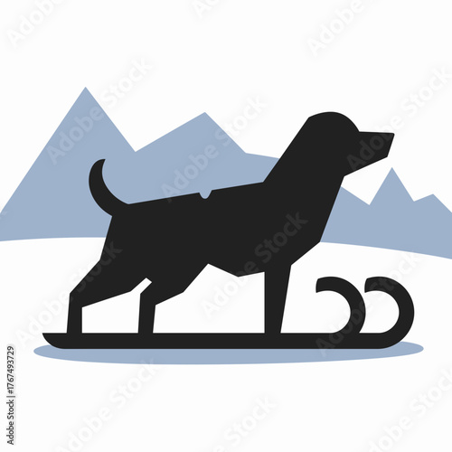 Dog-shaped sled silhouette on snowy mountain landscape – Great for creative winter designs, pet-themed holiday content, or festive illustrations.