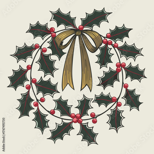 Holly wreath with golden ribbon and red berries – Perfect for festive invitations, decoration branding, or holiday packaging.