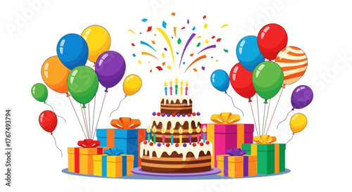 Colorful birthday party illustration with cake, balloons, and gift boxes