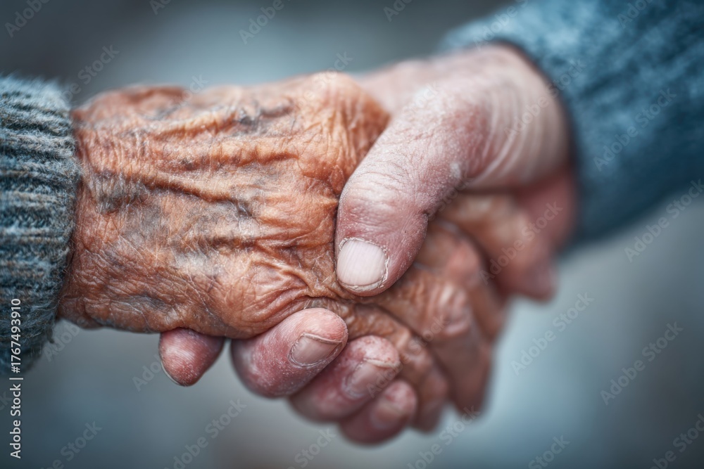 Fototapeta premium Hands of elderly people clasped together showing love and support, wearing gray and brown knitted sweaters