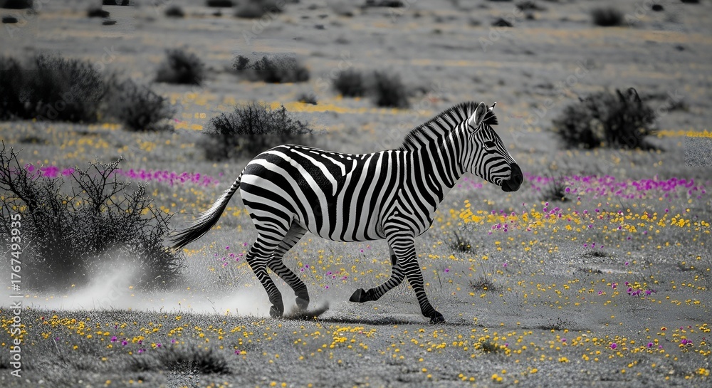 Fototapeta premium Selective Color Stripped Zebra Running Through a Flower Field Landscape