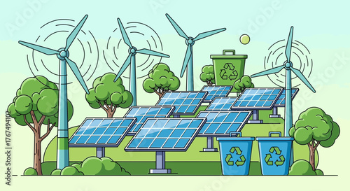 Illustration of sustainable energy landscape with wind turbines and solar panels