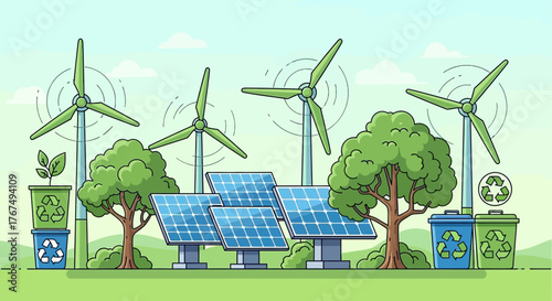 Illustration showcasing renewable energy sources and recycling efforts for a sustainable future