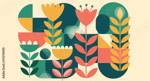 Geometric floral pattern with retro style and vibrant earthy color palette