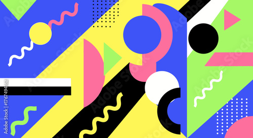 Vibrant geometric abstract featuring bold shapes and bright primary colors