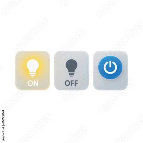 A set of three modern user interface buttons showing on, off, and power symbols on a white background.