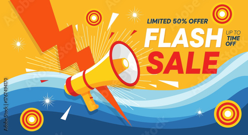 Promotional flash sale banner design template with megaphone and lightning bolt