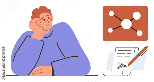 Contemplative person leaning on desk, next to signed agreement and network concept diagram. Ideal for brainstorming, decision-making, business planning, contract signing, analysis, teamwork