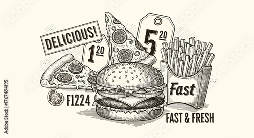Vintage Fast Food Illustration: Delicious Burger, Pizza, and Fries Advertising