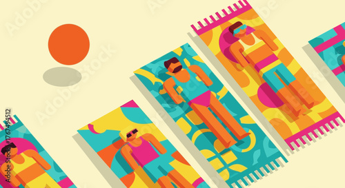 Stylized summer illustration of people sunbathing on colorful beach towels