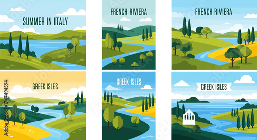 Collection of travel destination illustrations: Italy, French Riviera and Greek Isles