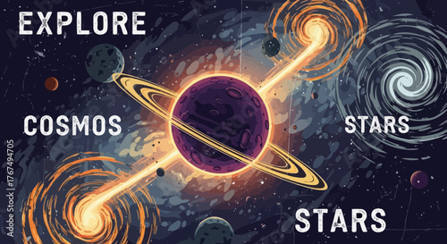 Vibrant space illustration featuring a ringed planet, galaxies and stars, cosmic travel