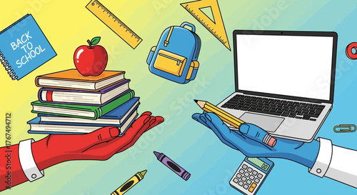 Back to school with modern and traditional learning tools illustration