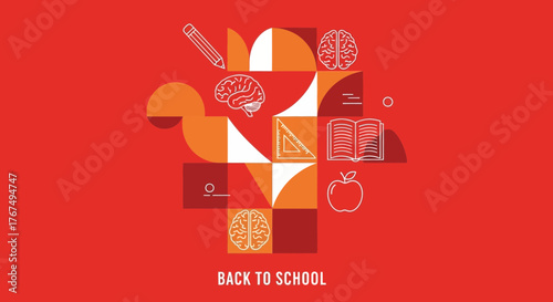 Geometric back to school concept illustration with educational icons on red background