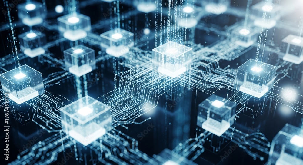 Obraz premium Abstract data network visualization with glowing cubes and connecting lines