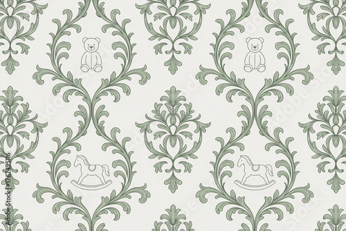 Vintage toy-themed wallpaper with green floral patterns and teddy bears