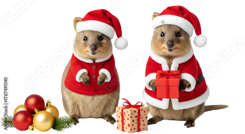 Two cute quokkas dressed as santa claus, wearing red santa hats and coats, holding a gift and surrounded by christmas ornaments, isolated on transparent background