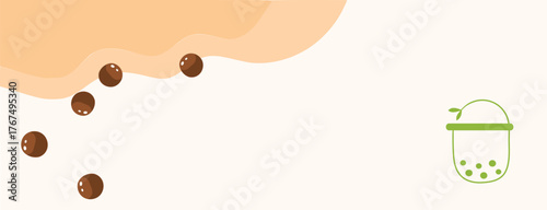 Boba tea banner with rolling tapioca pearls and minimalist green cup on creamy beige background, playful bubble milk tea header for menus, cafés, and social posts.