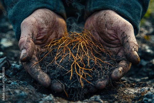 Dirty hands holding soil and roots, symbolizing growth, nature connection, sustainability, and the importance of healthy earth