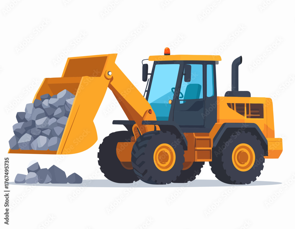 Fototapeta premium Yellow front loader scooping gravel on a white background, construction vehicle illustration