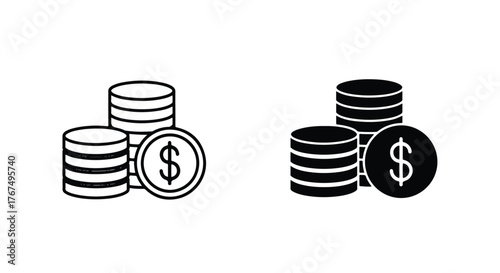 Hand drawn dollar coin stacks simple icon set financial wealth and savings concept - Line and glyph icon and logo - Vector icon symbol for website - Icon vector