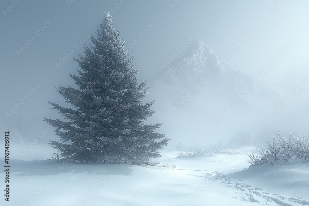 Naklejka premium Snowcovered pine tree in foggy winter landscape with mountain and footprints in pristine white snow