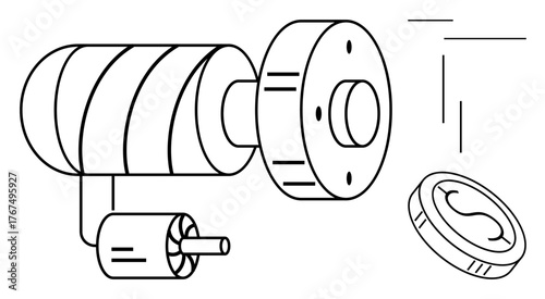Diagram of a cylindrical gear, attached shaft, and additional mechanical components for engineering design. Ideal for engineering, mechanics, tools, machinery, technology, innovation