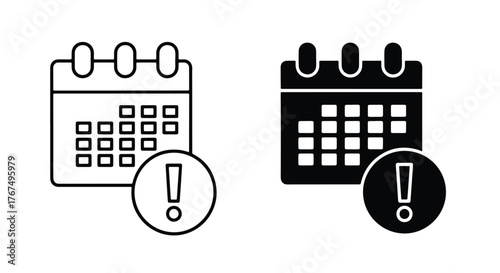 Two calendar icons alert exclamation mark date reminder notification symbol - Line and glyph icon and logo - Vector icon symbol for website - Icon vector