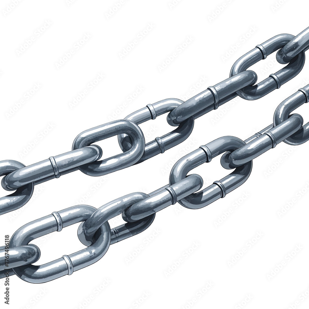 Fototapeta premium Two parallel steel chains, rendered in a detailed, realistic style, against a black background