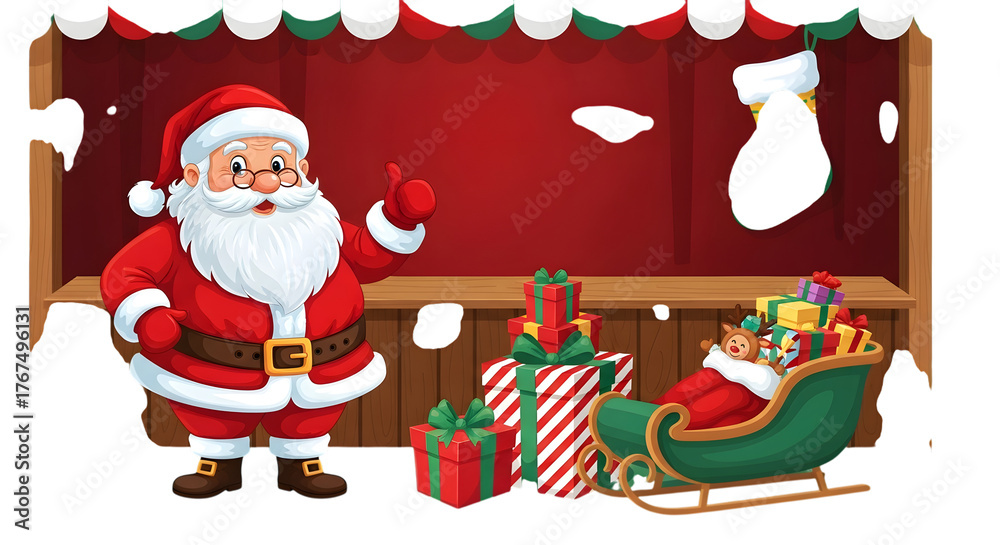 Obraz premium Santa claus standing next to a market stall with gifts and a sleigh full of presents, festive christmas scene isolated on transparent background
