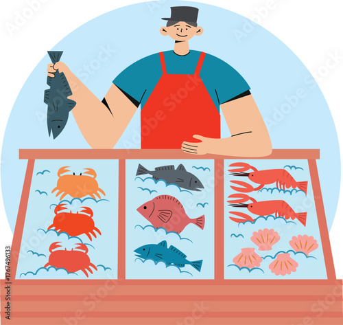 Fishmonger Selling Fresh Seafood at Market Stall