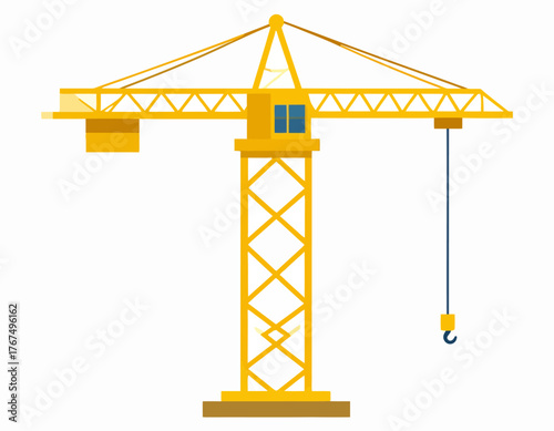 Bright yellow construction crane, a symbol of industrial development and urban growth, stands tall, ready to lift heavy loads for new building projects, representing progress and engineering