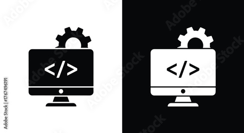 Coding gear icon computer screen with brackets and cogwheel design - Line and glyph icon and logo - Vector icon symbol for website - Icon vector