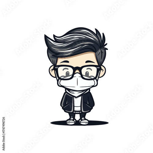 Cartoon boy with glasses and mask, wearing a jacket.