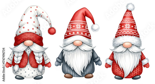 Three cute christmas gnomes with red and white hats and sweaters, isolated on transparent background