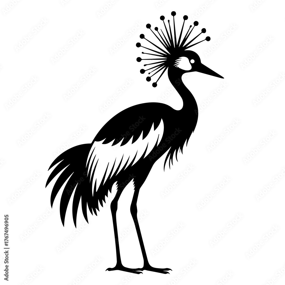 Fototapeta premium Black and White Silhouette of a Crowned Crane for Wildlife Blogs, Conservation Awareness, Educational Material, and Art Resources