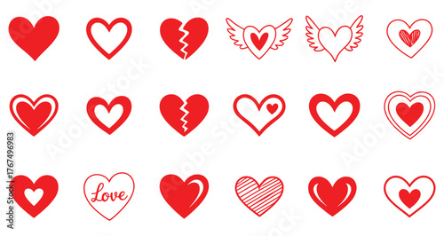 Collection of hand drawn red hearts in various styles for valentines day and love concepts