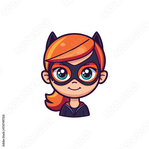 Cute cartoon superhero girl with orange hair, cat ears, and a black mask on a white background.