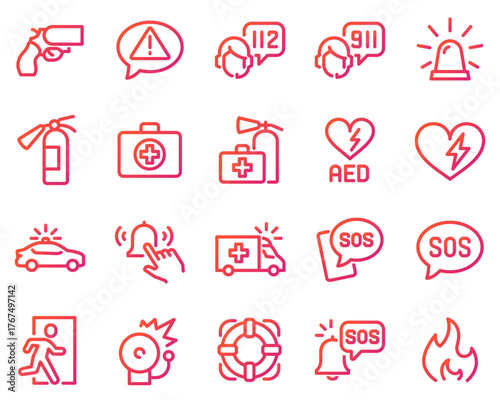 Simple Set of Emergency Related Vector Line Icons. Contains such Icons as Automated external defibrillator, Siren, Emergency phone number and more black	