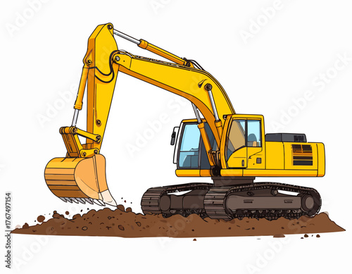 Yellow Excavator Digging Earth Illustration of Construction Equipment on White Background