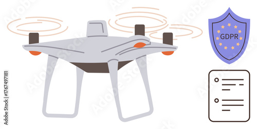 Quad-rotor quadcopter with spinning blades, shield marked GDPR emphasizing data protection, simple document icon. Ideal for privacy rights, data security, regulations, innovation, surveillance, legal